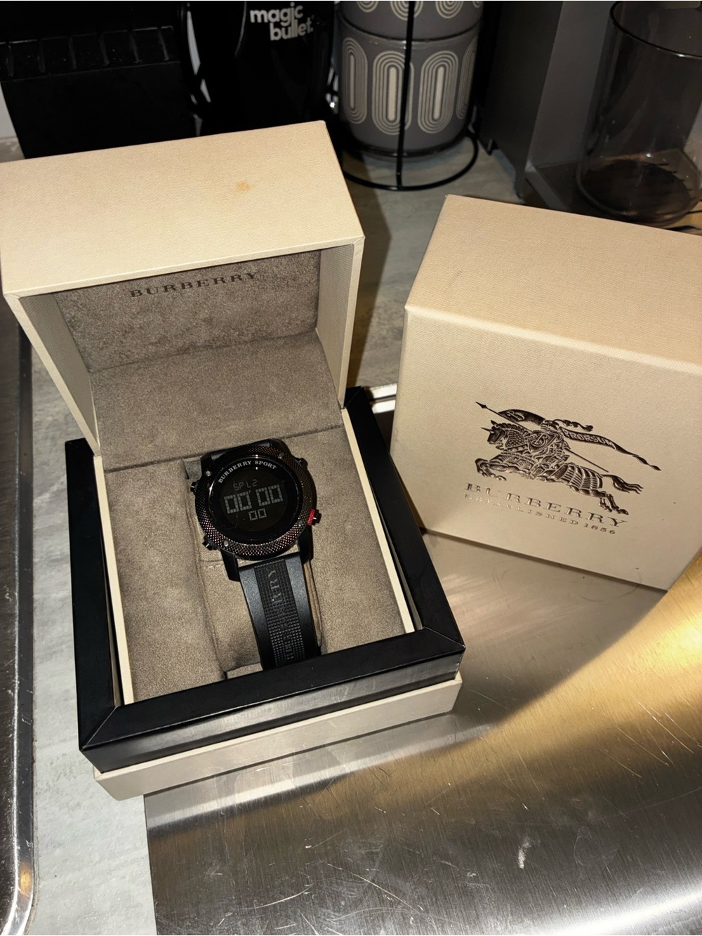 Burberry Black Digital Sport Watch with Red Accent